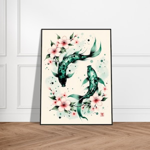 Koi Fish and Sakura Wall Art – Japanese Watercolor Painting – Zen Floral Decor – Yin Yang Balance Illustration