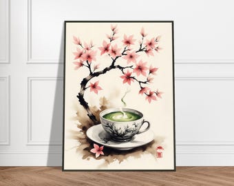 Matcha Tea Wall Art – Japanese Ink Style Green Tea with Cherry Blossoms – Serene Metal Framed Kitchen or Zen Decor