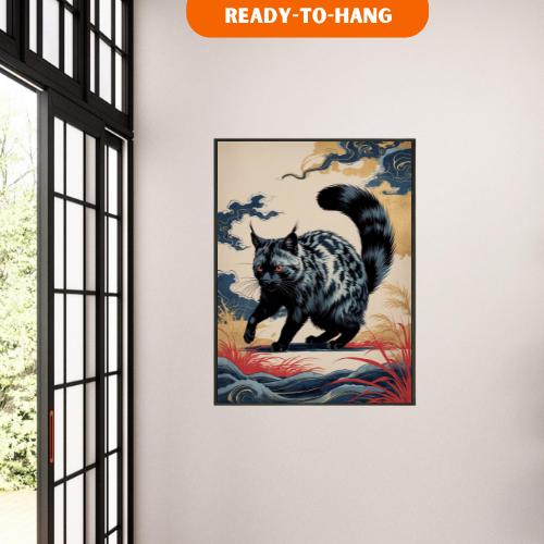 日本の風景の中の謎めいた黒猫、浮世絵風の動物アート、神秘的な猫の