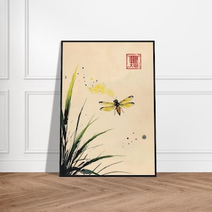 Japanese Bee Art Print – Yellow Honeybee with Ink Wash Grass, Traditional Asian-Inspired Minimalist Painting, Zen Nature Wall Decor