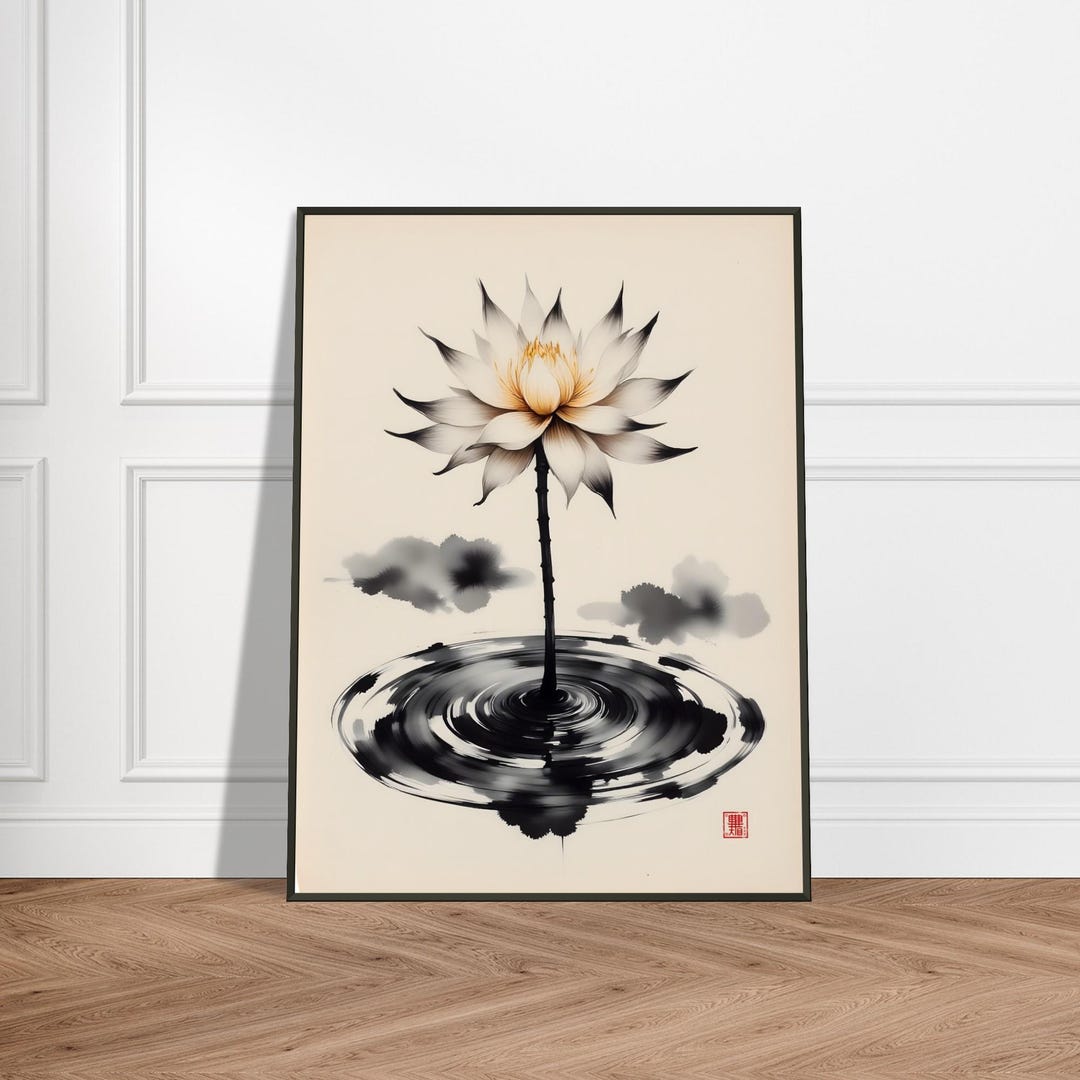Japanese Lotus Flower Wall Art – Elegant Zen Ink Watercolor Painting ...