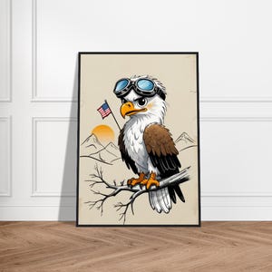 Illustratie patriottische adelaar – adelaar met vliegerbril en Amerikaanse vlag, gedurfde bergscène, rustieke kunst met VS-thema voor decor of cadeau