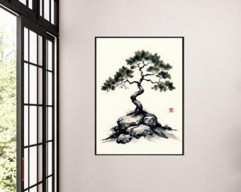 日本の松の盆栽水墨画 - 禅の木の壁飾り、墨絵風のロックガーデン画