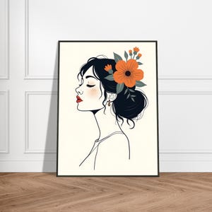 Floral Woman Line Art Print – Minimalist Japanese-Inspired Portrait, Elegant Ink Profile with Orange Flowers, Modern Feminine Wall Decor
