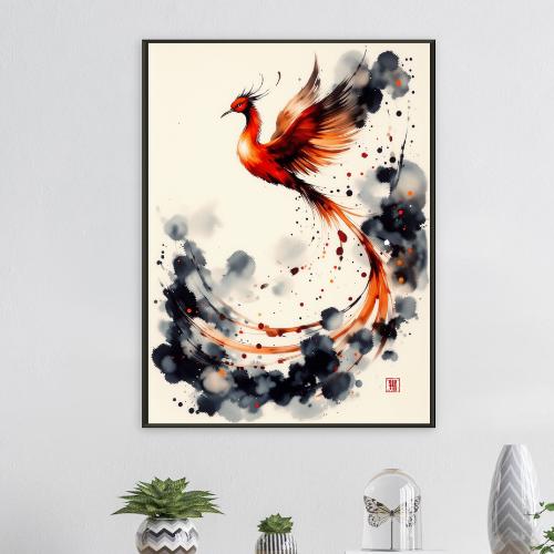 日本の鳳凰壁アート - 神話の火の鳥を描いた水墨画 - エレガントな昇り
