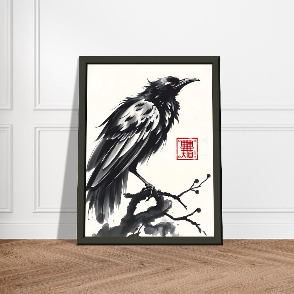 Japanese Ink Wash Crow Art – Minimalist Raven Illustration With