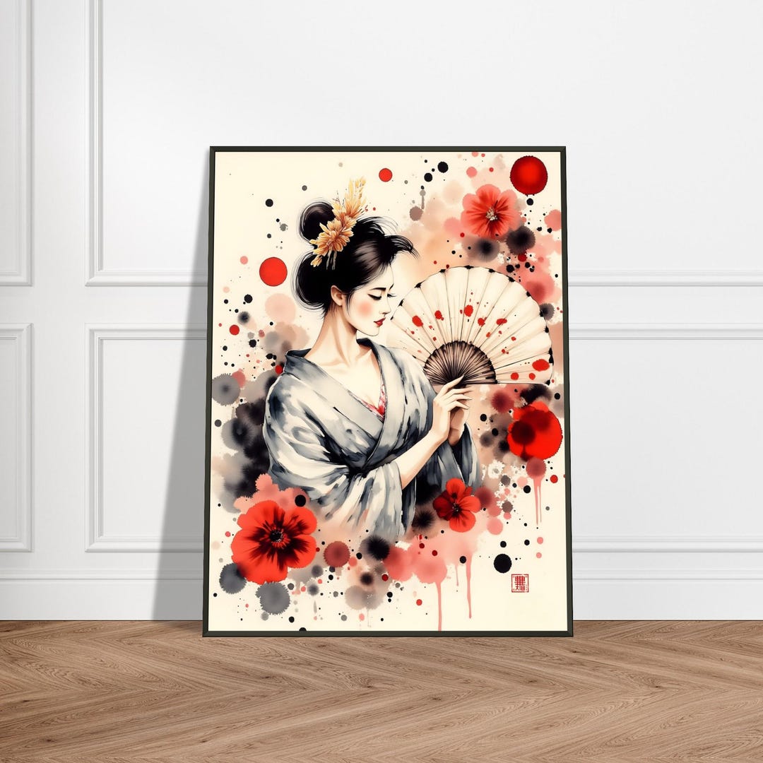 Metal Framed Japanese Geisha Fan Print – Watercolor Red Floral