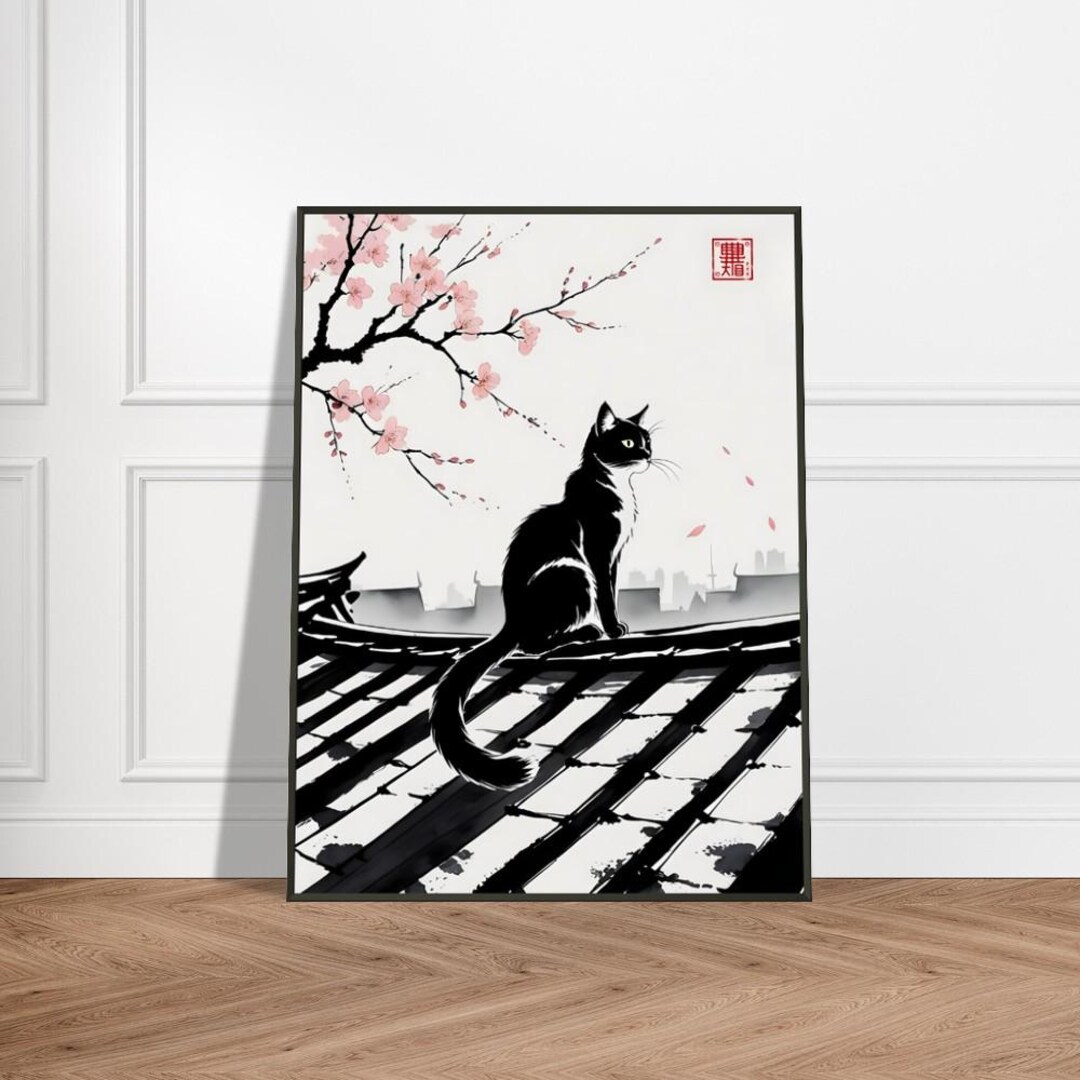 Black Cat and Cherry Blossom Wall Art – Japanese Ink Wash Painting With ...