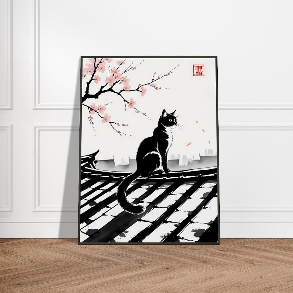 Black Cat and Cherry Blossom Wall Art – Japanese Ink Wash Painting