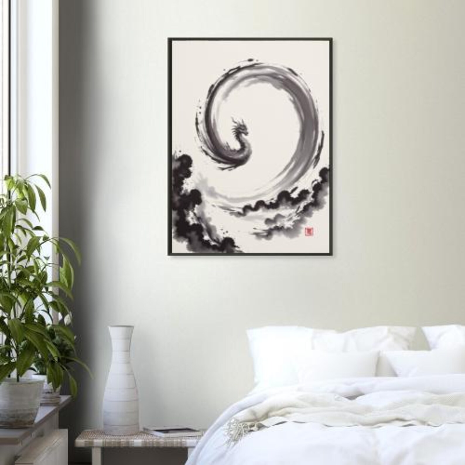 Dragon in Enso Ink Painting – Japanese Sumi-e Style Mythical Art Print ...