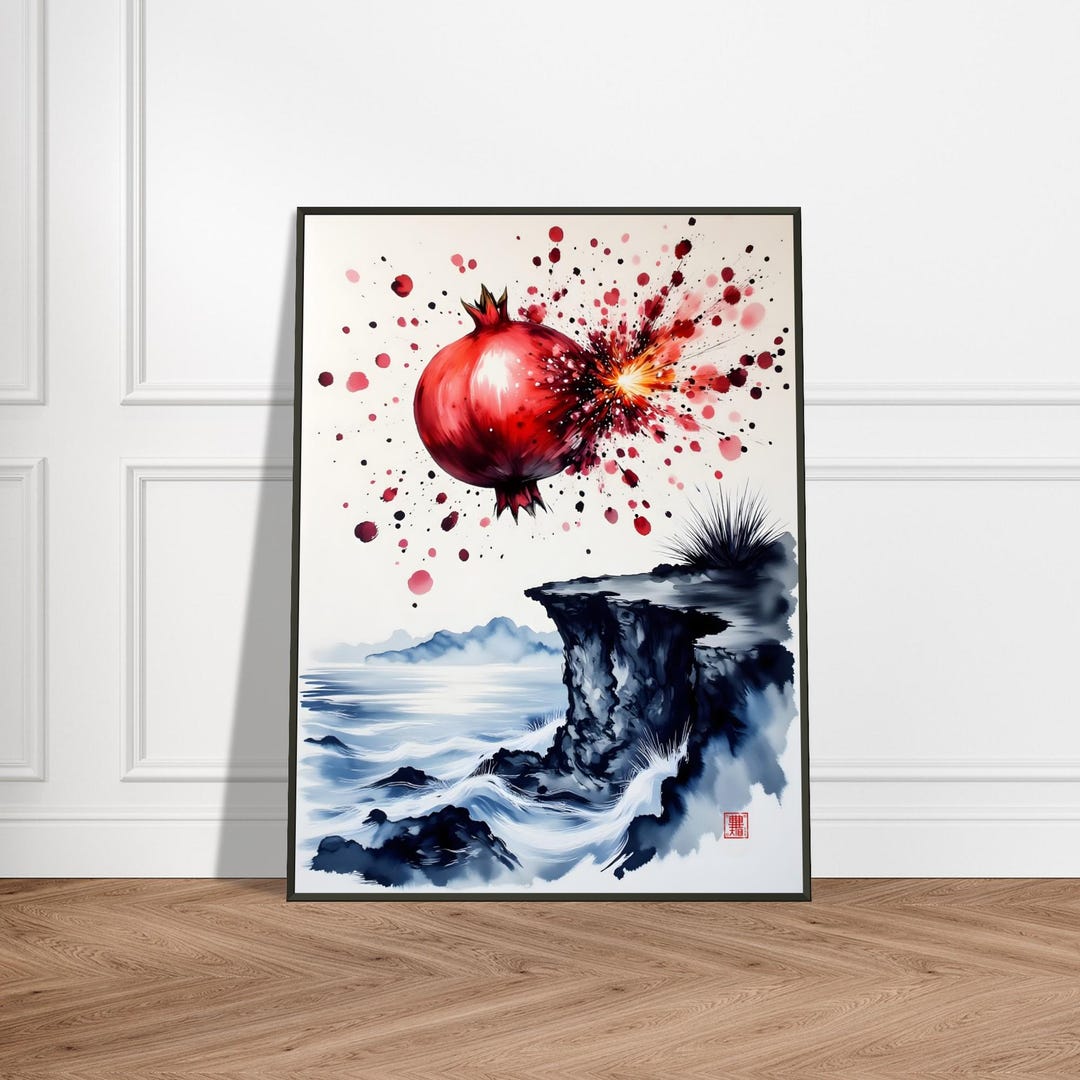 Exploding Pomegranate Wall Art – Japanese Ink Ocean Cliff Scene With ...
