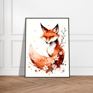 Sakura Fox Watercolor Art Print – Japanese Ink Animal Illustration – Elegant Nature Wall Decor – Mystical Zen Wildlife Painting