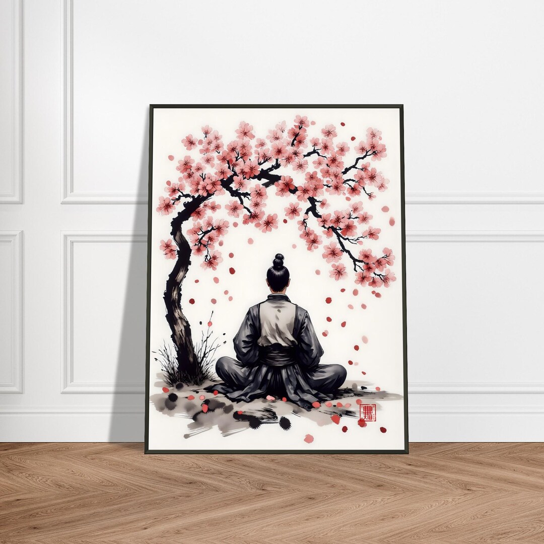 Samurai Meditating Under Cherry Blossom Tree in Japanese Ink and ...