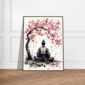 Samurai Meditating Under Cherry Blossom Tree in Japanese Ink and Watercolor Style, Tranquil Sumi-e Art Scene