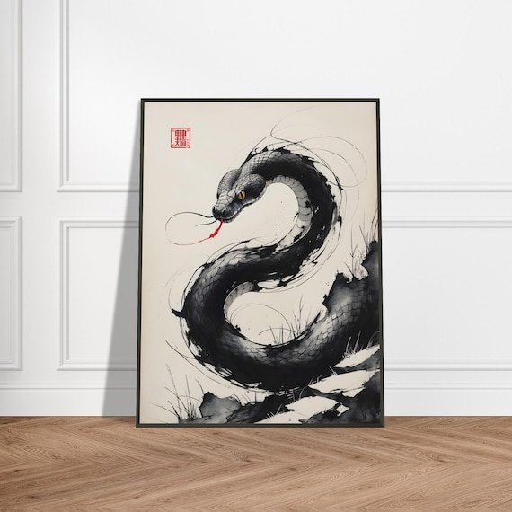 Japanese Sumi-e Snake Art Print – Metal Framed Wall Decor on