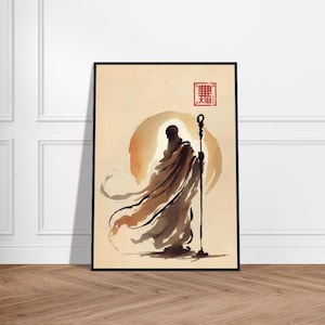Japanese Monk Art Poster – Minimalist Zen Wall Decor – Museum-Quality Matte Paper – Framed Spiritual Artwork – Monk in Harmony