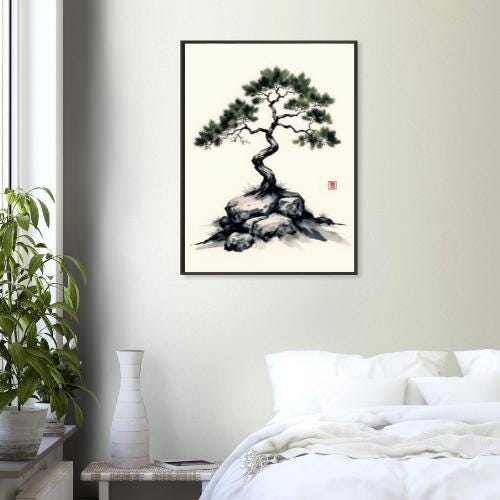 日本の松の盆栽水墨画 - 禅の木の壁飾り、墨絵風のロックガーデン画