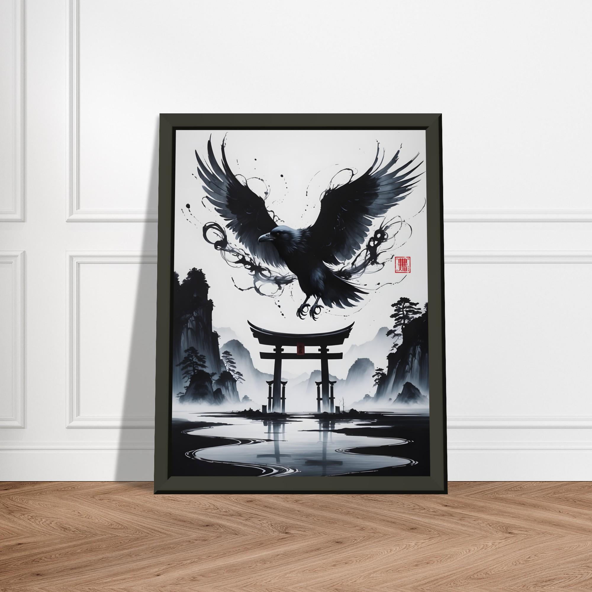 鳥居の上に雄大な黒いカラス – モノクロの日本の水墨画 – 金属フレーム