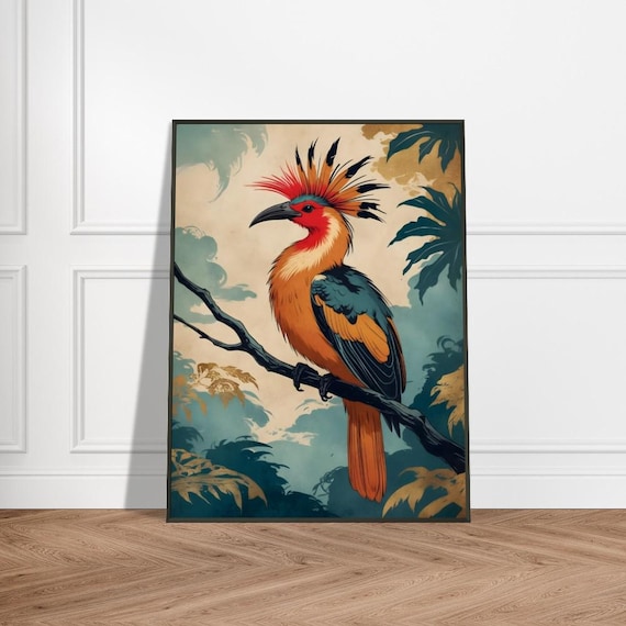 緑豊かな森の中のエキゾチックな紋付き鳥、日本風の野生動物アート