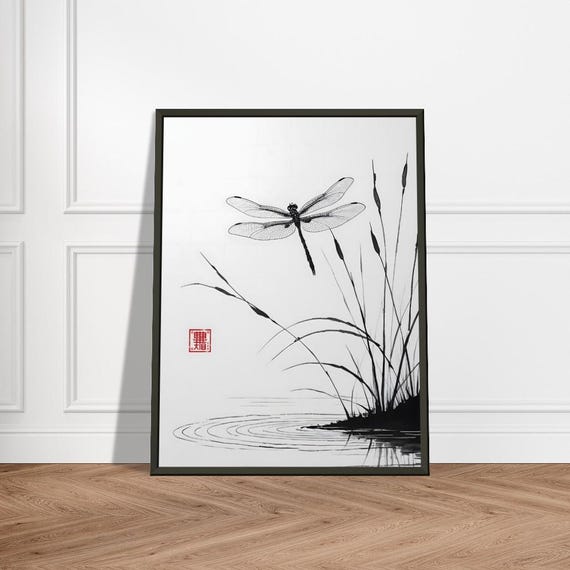 トンボの壁アート – 池の葦を描いた日本の水墨画、金属フレーム、自宅