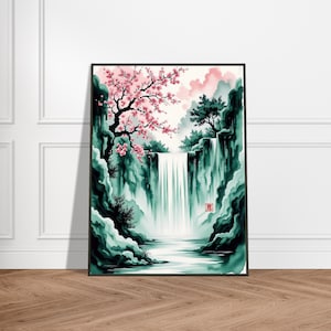 Japanese Waterfall Landscape Art Print – Sakura Tree Watercolor Painting – Serene Zen Nature Wall Decor – Tranquil Mountain Scene