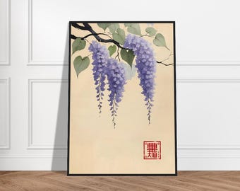 Japanese Wisteria Watercolor Art – Purple Floral Print with Red Kanji – Minimalist Botanical Wall Decor for Zen and Graceful Spaces