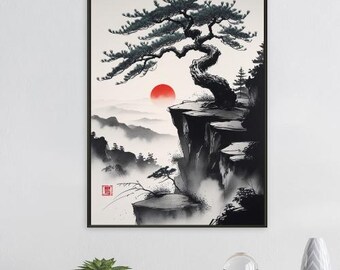 Japanese Ink Wash Landscape With Red Sun, Bonsai Pine on Cliff