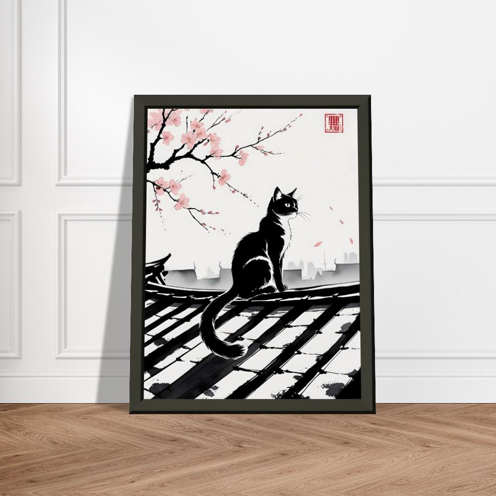 Black Cat and Cherry Blossom Wall Art – Japanese Ink Wash Painting