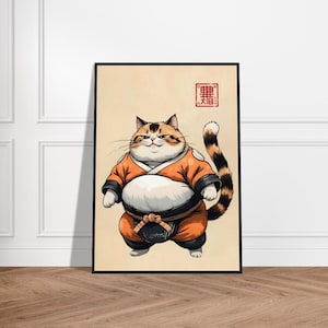 Japanse Martial Arts Cat Art Print – felle lapjeskat in karate gi, traditionele Aziatisch geïnspireerde illustratie, grillig zen-muurdecor