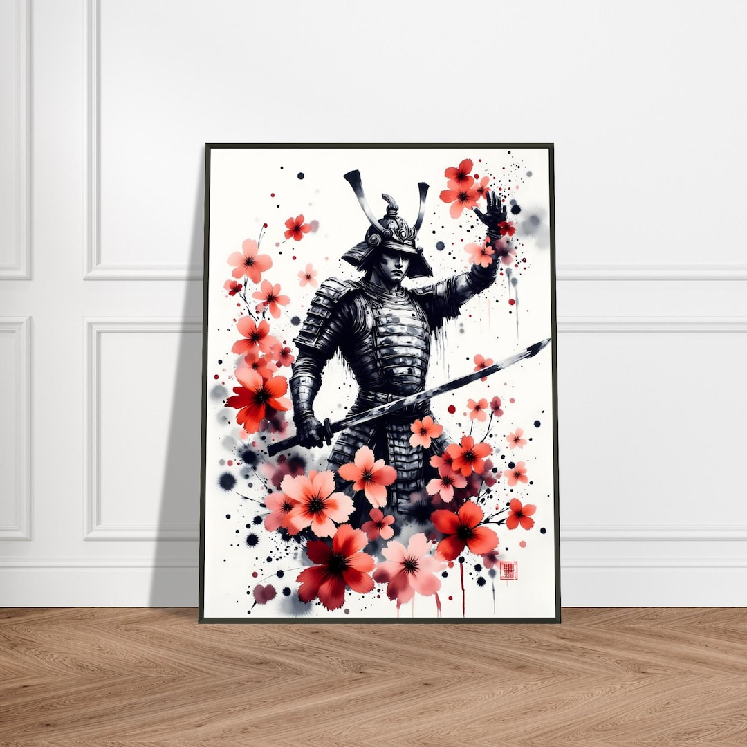 Samurai and Sakura Wall Art – Japanese Warrior Ink Painting With