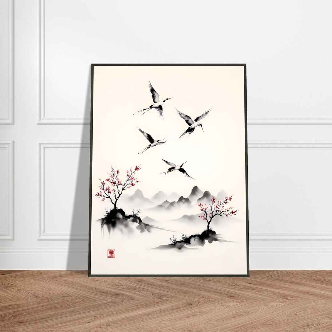 Japanese Cranes Over Misty Mountains – Zen Ink Landscape Wall Art Print ...
