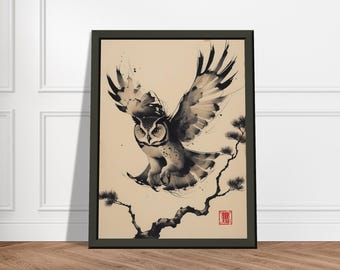 日本の墨絵フクロウアートプリント - 美術館品質の紙に金属フレームの