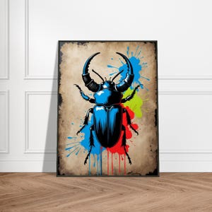 Colorful Stag Beetle Wall Art – Bold Insect Illustration with Splatter Paint Effect – Rustic Modern Nature Decor on Textured Background