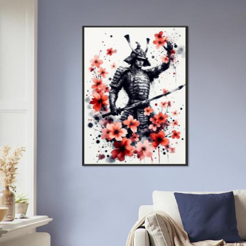 Samurai and Sakura Wall Art – Japanese Warrior Ink Painting With