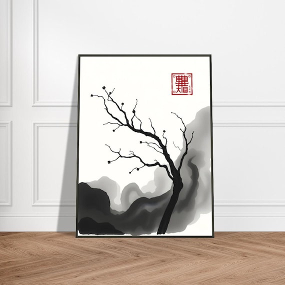 Minimalist Sumi-e Tree Artwork – Japanese Ink Wash Painting With