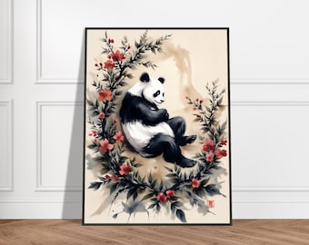 Original PANDA In Bamboo Japanese Ink Art Print on Canvas