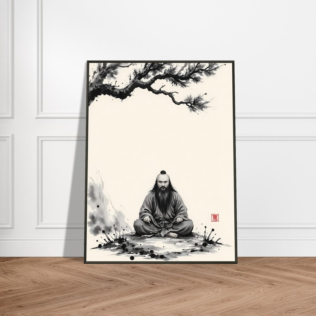 松の下で瞑想する賢者 - 日本の禅の水墨画肖像画 メタルフレームアート