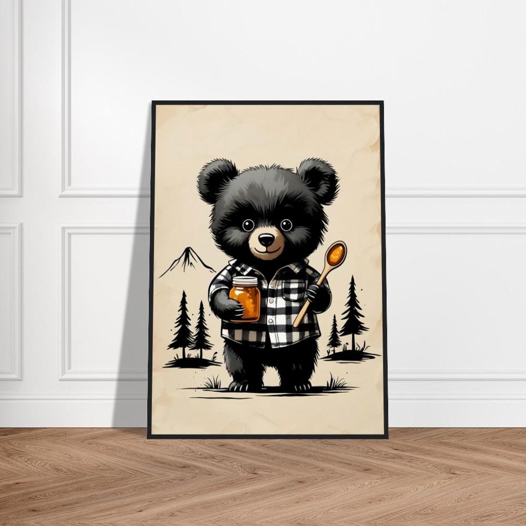 Honey Bear Illustration – Adorable Black Bear in Plaid With Honey Jar ...