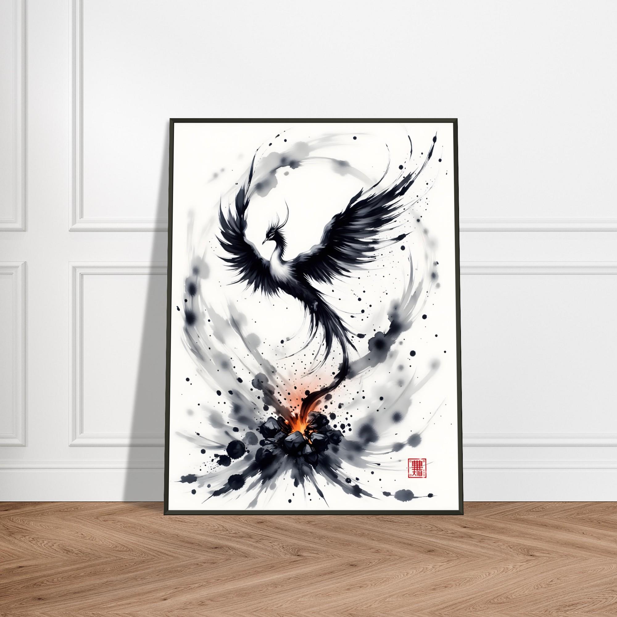 Japanese Ink Wash Phoenix Rising From Flames, Mythical Bird in