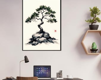 日本の松の盆栽水墨画 - 禅の木の壁飾り、墨絵風のロックガーデン画