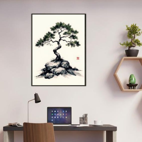 日本の松の盆栽水墨画 - 禅の木の壁飾り、墨絵風のロックガーデン画