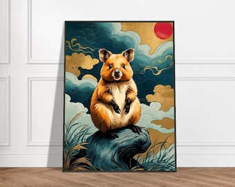 Quokka Under Japanese Sunrise, Ukiyo-e Style Wildlife Art, Cheerful Nature Illustration, Whimsical Animal Wall Decor