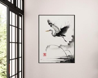 日本の墨絵サギアートプリント - 美術館品質の紙に金属フレームの壁