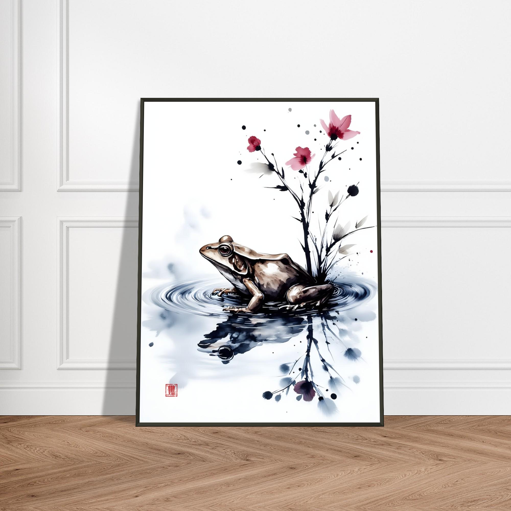 Zen Frog by Water With Sakura – Japanese Ink Wall Art Print With