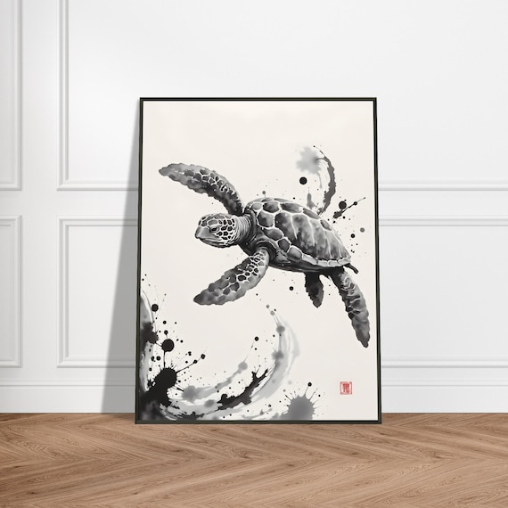 ウミガメの絵画 ★未使用 ウミガメの墨絵アートプリント 日本の筆絵による海洋動物の壁飾り - 絵画