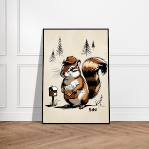Mail Carrier Chipmunk Illustration – Adorable Chipmunk Delivering Letters with Forest Background, Whimsical Nature Art for Decor or Gifts
