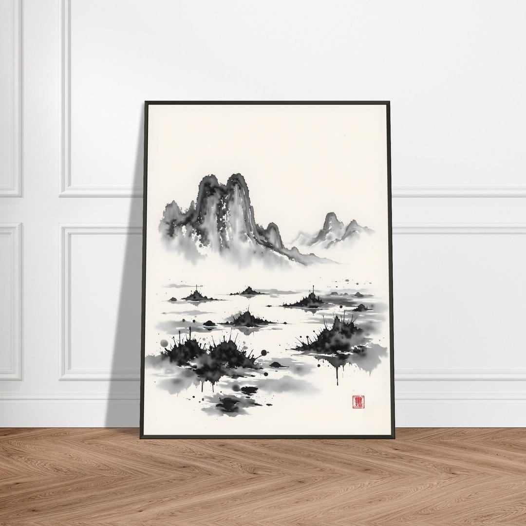 Ink Wash Mountain Landscape Metal Framed Print Japanese Sumi e Style ink-wash-mountain-landscape-metal-framed-print-japanese-sumi-e-style