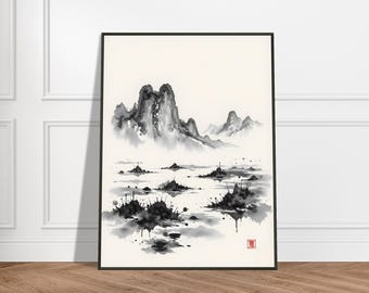 Ink Wash Mountain Landscape Metal Framed Print – Japanese Sumi-e Style Minimalist Wall Art