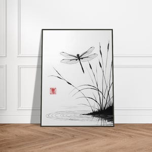 Dragonfly Wall Art – Japanese Ink Wash Painting with Pond Reeds, Metal Frame, Tranquil Nature-Inspired Decor for Home or Office
