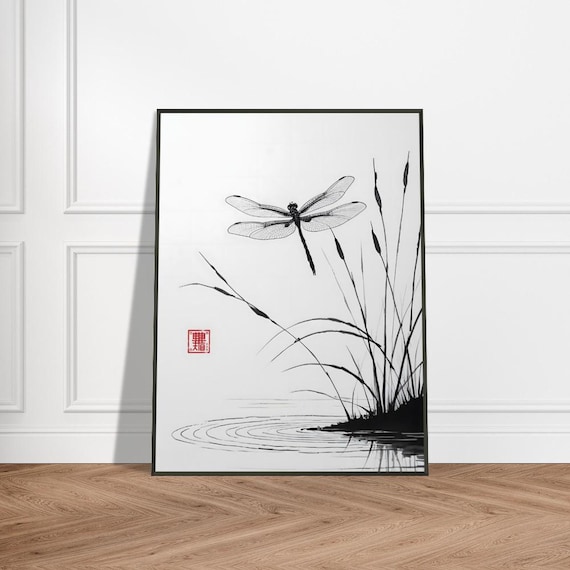 トンボの壁アート – 池の葦を描いた日本の水墨画、金属フレーム、自宅